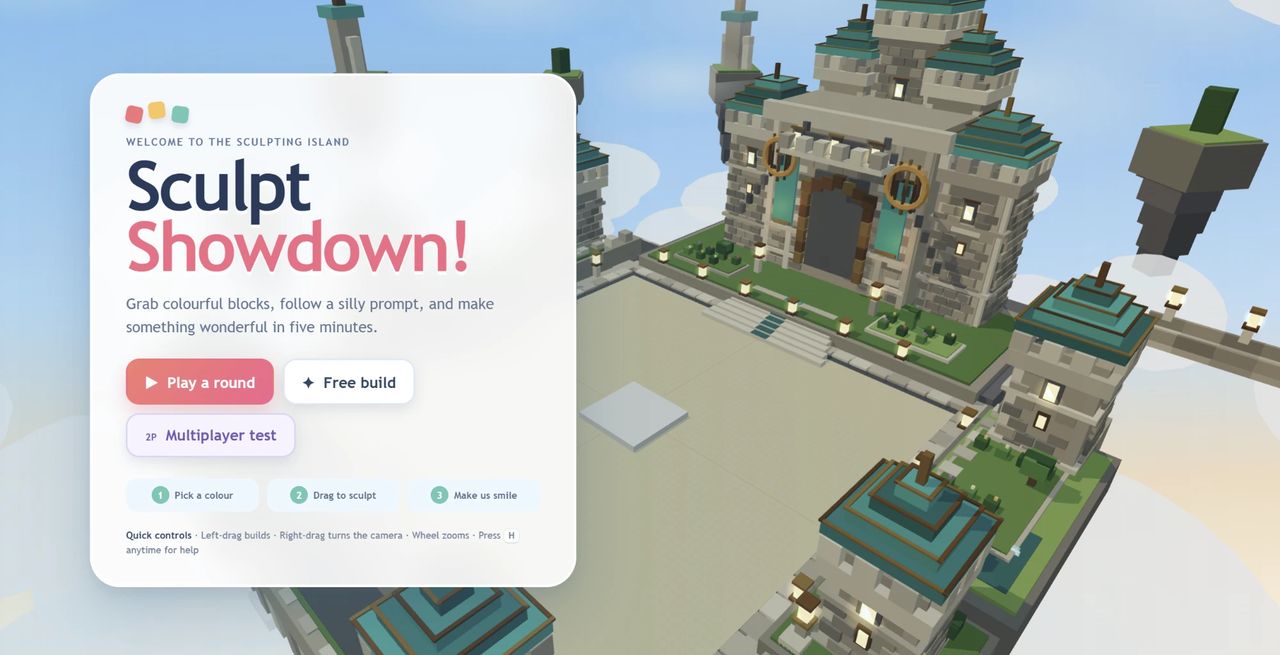 The Sculpt Showdown title screen: a voxel castle island floating in the sky with buttons to play a round, free build or start a multiplayer test.