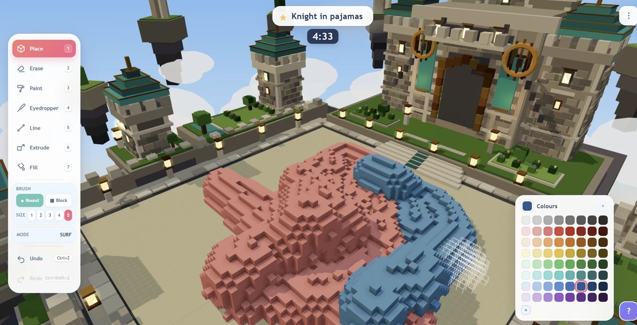A round in progress with the prompt Knight in pajamas and a timer at 4:33, a pink and blue voxel sculpture on the plaza, the tool rail on the left and the colour palette on the right.